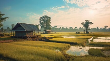 Rice field morning with a hut