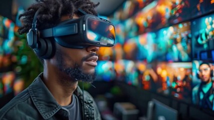 Poster - A man wearing a VR headset and headphones attends a virtual conference, a screen with a blurred image of another participant is in the background.