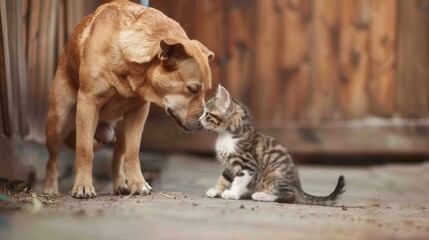 Poster - A brown dog gently sniffs a small tabby kitten outdoors. Generative AI