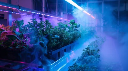 Poster - Plants growing in a hydroponic setup under LED lights and fog.