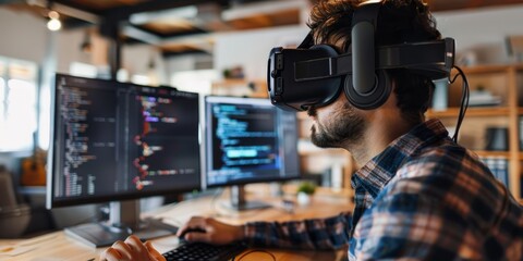 Aufkleber - A developer coding on a virtual reality headset, symbolizing VR development and immersive technology