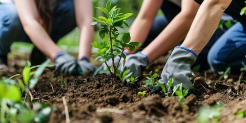 Aufkleber - A group of volunteers planting trees, showcasing environmental development and community initiatives