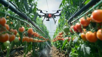 Poster - A drone flies through a greenhouse, spraying tomato plants.