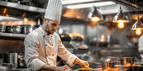 Aufkleber - A chef cooking in a restaurant kitchen, symbolizing culinary development and gastronomic innovation