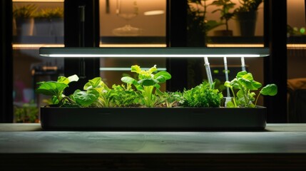 Poster - Close-up of an indoor hydroponic garden with plants growing under a bright grow light. The plants thrive in this controlled environment