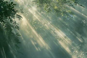 Sticker - Early morning sunlight rays shining through misty forest trees, Subtle wisps of light creating a dreamy atmosphere, AI generated