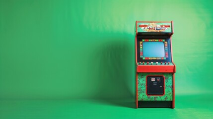 Front shot of a classic retro gaming arcade machine on green background with copy space for text