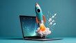 © aimodels24 - Playful Rocket Launching from Laptop Screen with Cartoon Elements on Blue Background