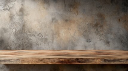 Fototapete - Brown empty Wooden Table and old grunge Plaster Wall with sunlight rays from window background - empty place for product placement and design mock up. Wooden tabletop and soft sunlight