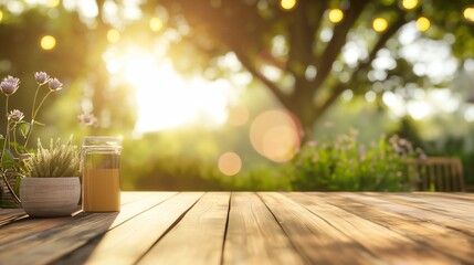 Poster - Wooden table with a blurred background of an outdoor summer park with evening sun and trees. Wooden table copy space mock up nature, park concept. Empty copy space table with plants and empty space