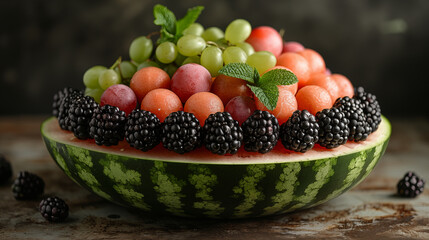 Wall Mural - Colorful fruit salad served in watermelon bowl showcases vibrant assortment of fresh fruits. Concept of healthy eating, summer refreshment, and culinary creativity.