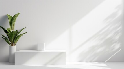 Poster - White Interior Room with Empty space - empty White Room with White podium table and plant, empty white mock up Room with sunlight and product placement. Design room empty white Table Podium