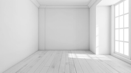 Poster - empty White Room with window Light and white wooden floor, empty abstract small Room with white walls and floor, copy space empty place for design and Interior