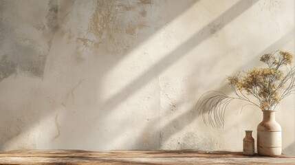 Leinwandbilder - Vintage grunge old empty Wooden Table and old Plaster Wall with sunlight rays from window background - empty place for product placement and design mock up. Wooden tabletop and sunlight with vase