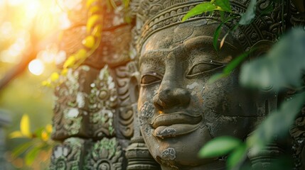 A weathered stone sculpture of a serene face, partially obscured by foliage, bathed in warm sunlight.