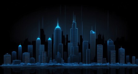 Aufkleber - blue skyscraper building skyline hologram projection on plain black background with copy space