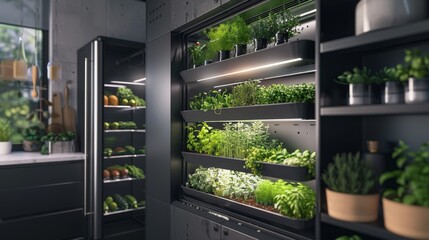 Poster - An indoor herb garden with a variety of fresh herbs and greens growing on shelves next to a black refrigerator filled with produce in a contemporary kitchen.