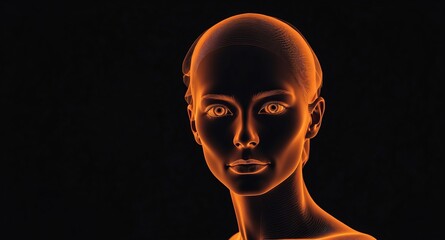 Poster - orange human face hologram projection on plain black background with copy space