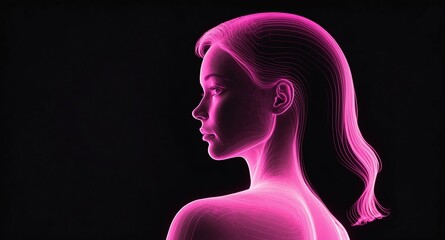 Poster - pink human face hologram projection on plain black background with copy space