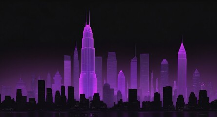 Poster - purple skyscraper building skyline hologram projection on plain black background with copy space