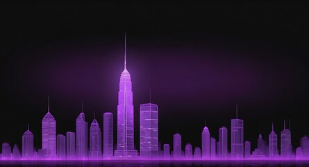 Poster - purple skyscraper building skyline hologram projection on plain black background with copy space