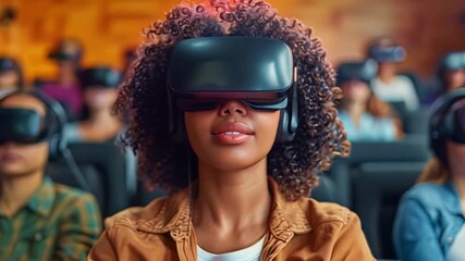 Poster - A diverse group of people participate in a virtual reality event, with one woman wearing a headset in the foreground looking at the camera.