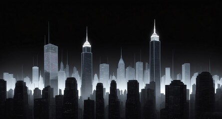 Poster - white skyscraper building skyline hologram projection on plain black background with copy space