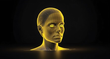 Poster - yellow human face hologram projection on plain black background with copy space