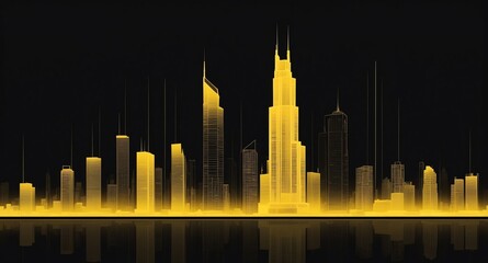 Poster - yellow skyscraper building skyline hologram projection on plain black background with copy space
