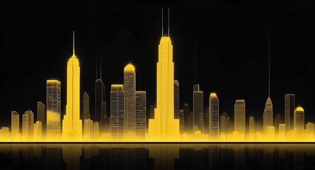 Poster - yellow skyscraper building skyline hologram projection on plain black background with copy space