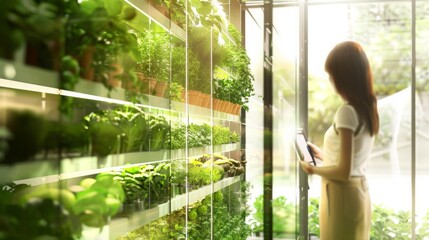 Poster - A woman in a white shirt and khaki skirt uses a tablet while standing in front of a vertical garden filled with various plants.