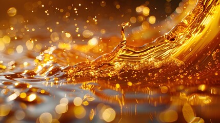 Olive oil splash, golden liquid droplets, viscous fluid dynamics, high-speed photography, macro shot, translucent amber waves, light refraction, smooth texture.