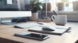 © Jafree - Modern workspace with a desktop computer, notebook, smartphone, and coffee cup on a wooden desk. Concept of office desk, remote work environment, productivity, home office setup