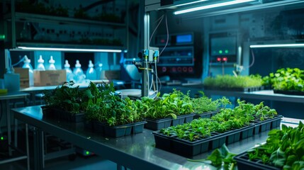 Poster - A hydroponic garden with rows of plants growing under artificial lights in a controlled environment.