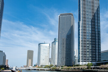 Wall Mural - Tokyo city skyline, waterfront skyscrapers against blue sky, Japan capital cityscape