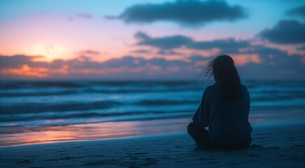  a person sitting alone on a beach at sunset