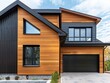 © INT888 - Modern wooden house exterior with sleek design, large windows, and a stylish garage, perfect for contemporary living.