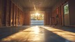 © INT888 - Sunlight streams into an empty garage, revealing wooden beams and a sense of potential for renovation and creativity.