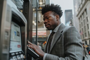 An elegant man in a plaid suit uses a modern ticket machine at an urban location. The image captures the sophistication and routine of urban travel amidst city buildings.