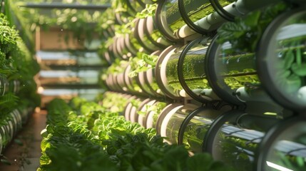 Poster - Rows of vertical hydroponic tubes filled with green leafy vegetables growing in a controlled indoor environment.