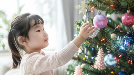 Asian girl decorating a Christmas tree, concepts of holiday season, childhood joy, festive decor, Christmas celebration