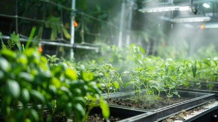 Poster - Green plants are growing in rows under artificial light and mist. The plants are being watered by a sprinkler system.