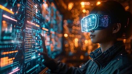 Poster - A woman wearing a VR headset interacts with a holographic display in a virtual meeting room, reaching out to touch a glowing blue interface.