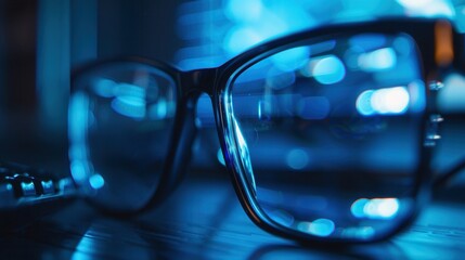 Sticker - Black eyeglasses with a blue light reflection, resting on a dark surface. Generative AI