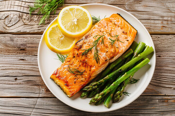 Grilled salmon with asparagus, lemon slices, and herbs on a white plate