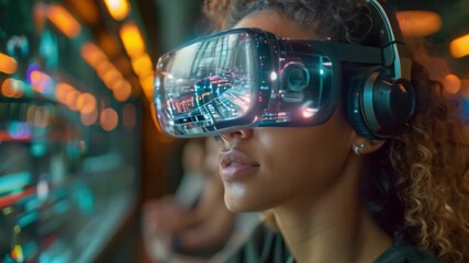 Poster - A woman wearing a VR headset participates in a virtual meeting, with her holographic avatar visible in the headset's reflection.