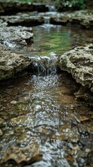 A serene image of a small natural stream of clear water flowing gently over rocky formations in a tranquil outdoor setting