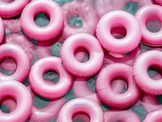 Poster - Vibrant Pink Inflatable Rings Geometric Symmetrical Pattern – Aerial View with Soft Diffused Lighting, Highlighting Texture and Depth