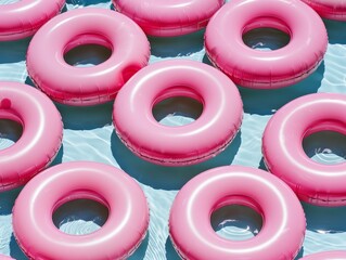 Poster - Vibrant Pink Inflatable Rings Forming Symmetrical Geometric Pattern - Aerial View with Soft Diffused Lighting and Textured Backgrounds