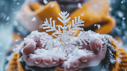 Wall Mural - Close up of child hands holding snowflake. Winter holidays concept.